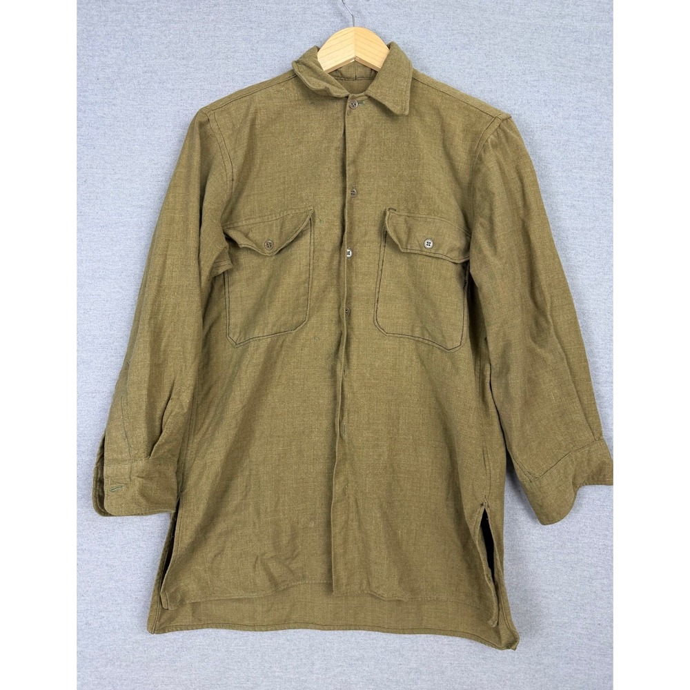 Vintage British Military Wool Flannel Pullover Shirt Olive Drab Khaki Green 1243